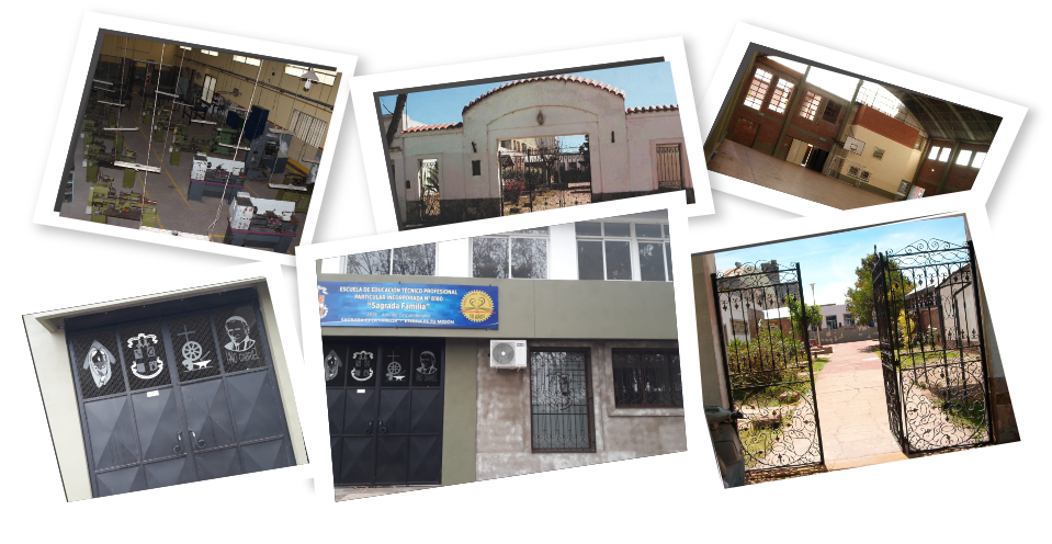 Fotos del frente, los talleres y el patio de la escuela