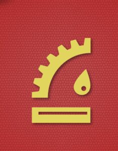 Segundo cuartel: libro, llama y engranaje sobre fondo rojo