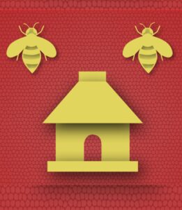 Cuarto cuartel: colmena dorada con dos abejas sobre fondo rojo